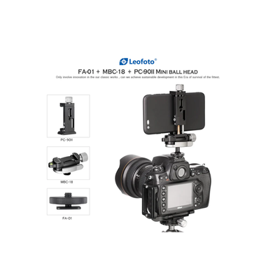 Leofoto Multipurpose Clamp Kit FA-01+ MBC-18 + PC-90II Mini Ballhead with Phone Clamp and Hot Shoe for Camera
