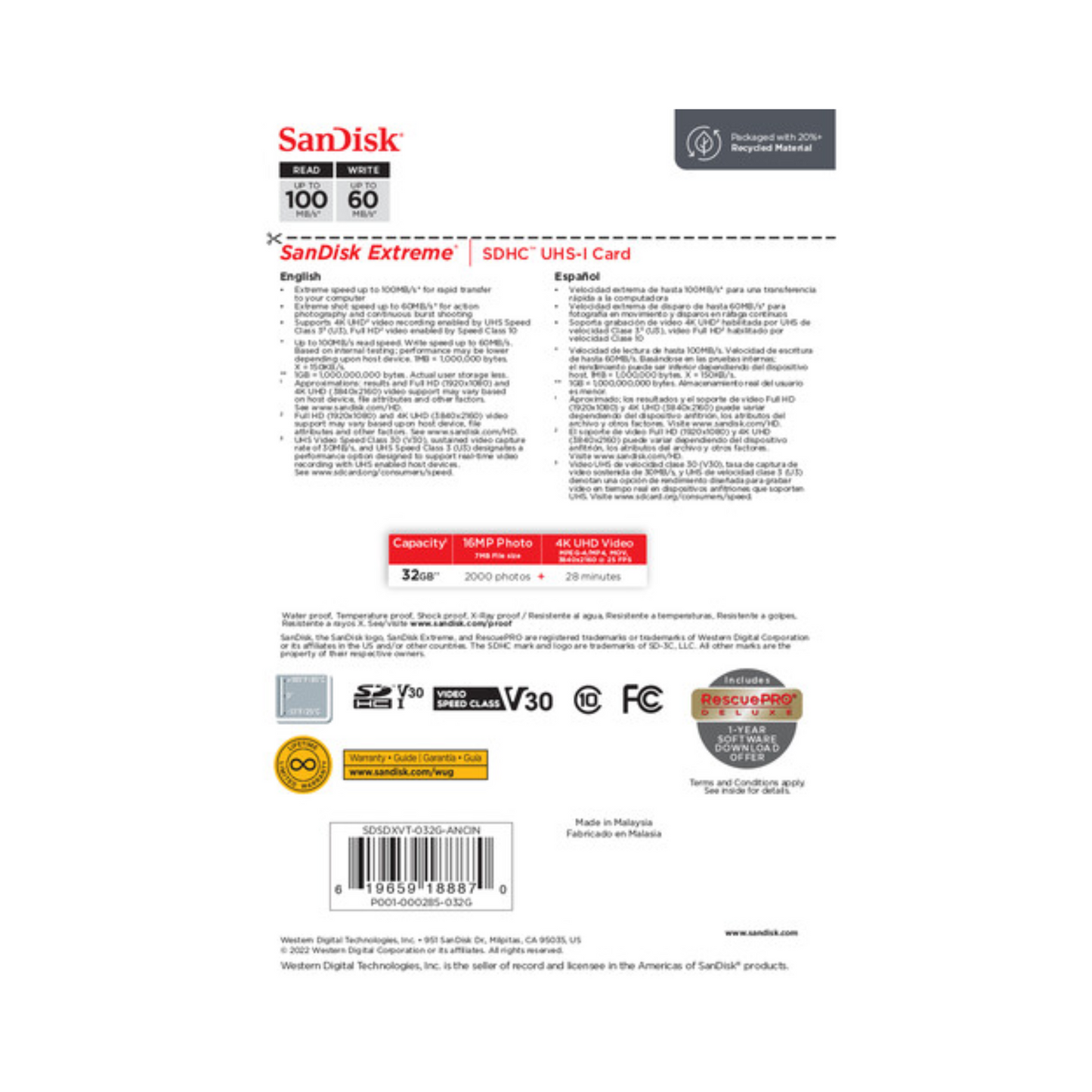 SanDisk Extreme SD UHS-I Card 100Mbps - 32GB
