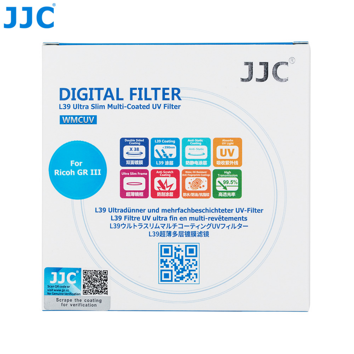 JJC F-WMCUVG3 L39 Ultra Slim Multi-Coated UV Filter for Ricoh GR IV, GR IIIx, GR III and GR II