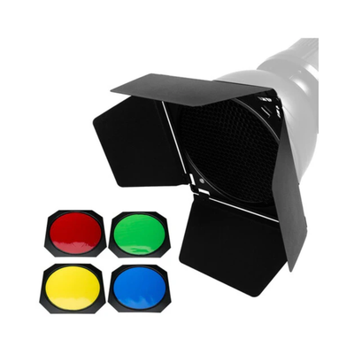Godox BD-04 Four Leaf Barndoor Kit with Honeycomb Grid and 4 Basic Color Filters