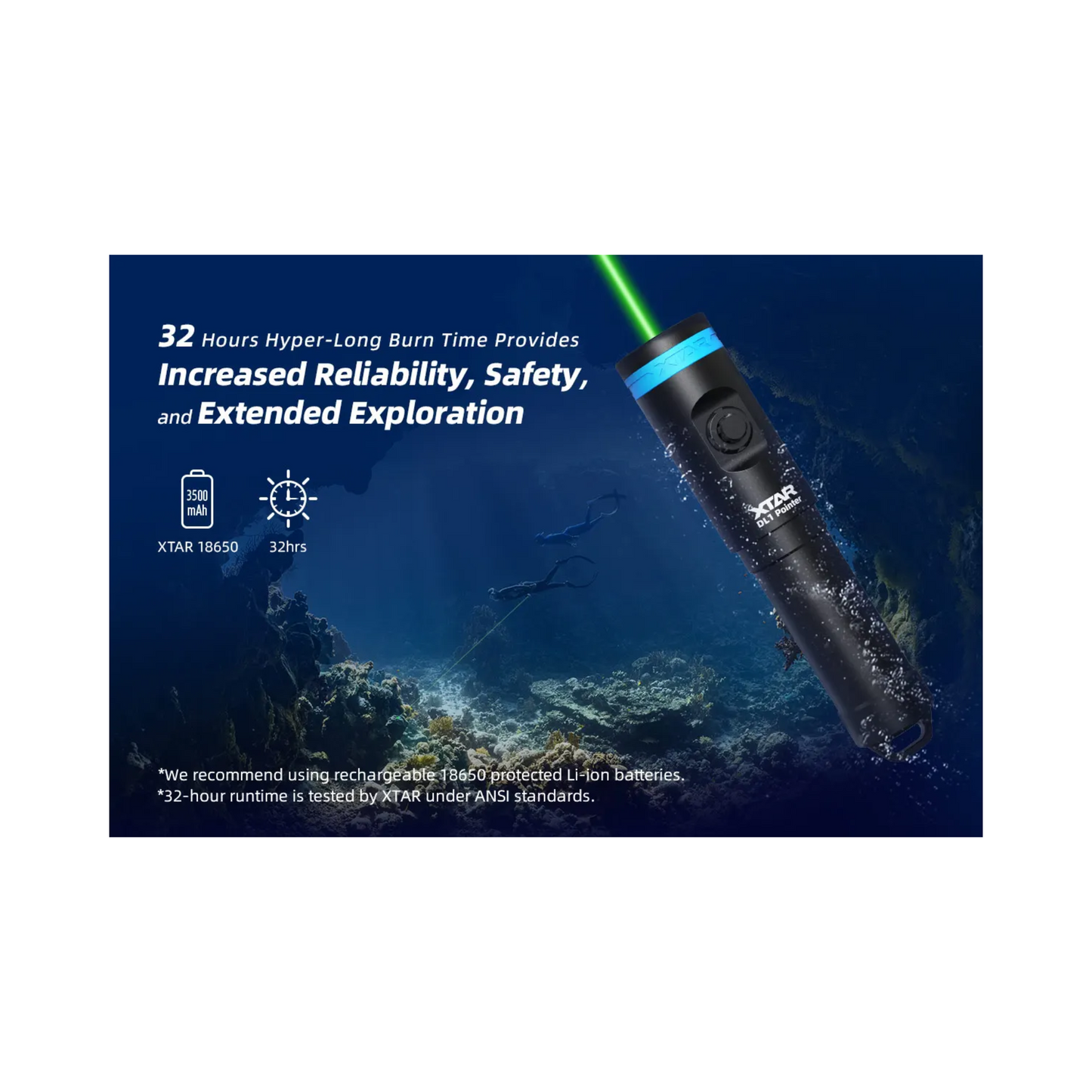 XTAR DL1 Pointer Dive Light 2000M Ultra Long Green Beam Diving Laser Flashlight w/ Battery