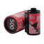 Film canister with red and black design on a white background