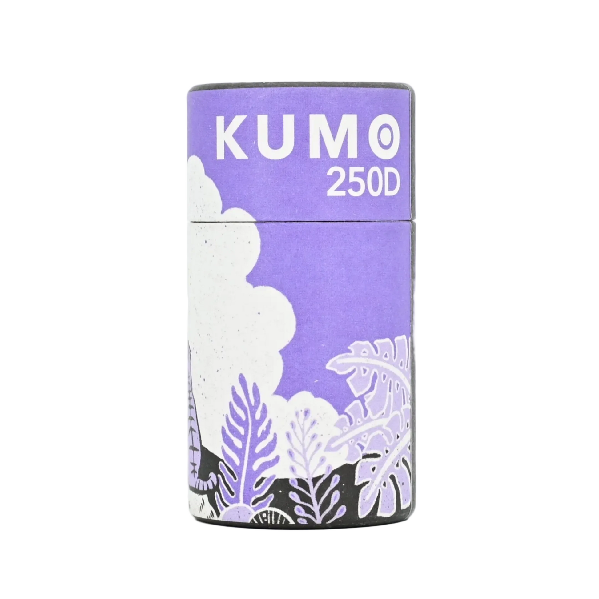 Purple cylindrical container with 'KUMO' branding and white leaf designs on a light gray background
