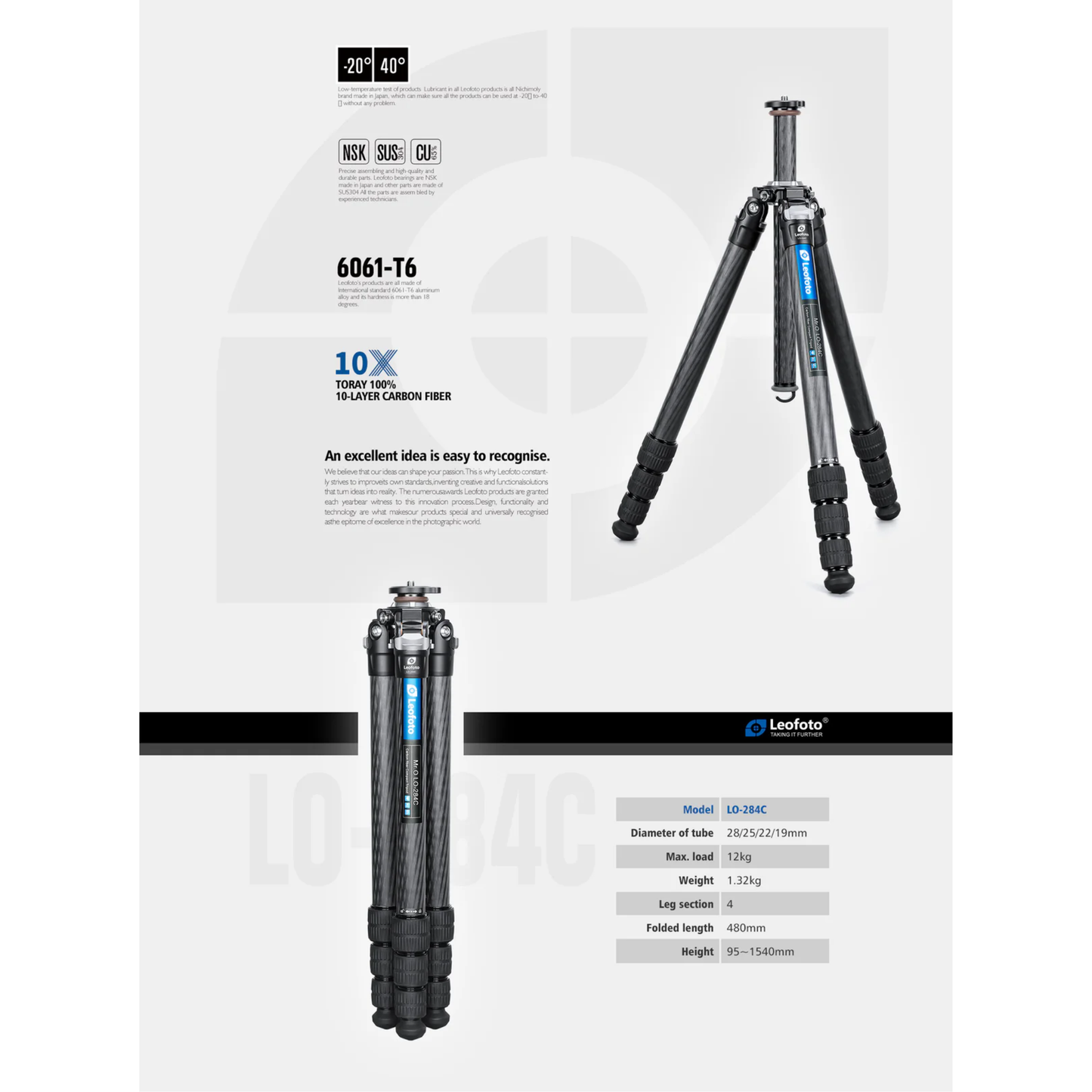 Leofoto LO-284C Tripod with Built-in Hollow Ball & Bag