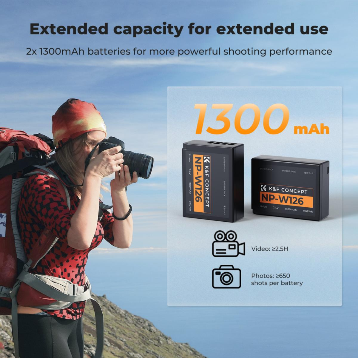 K&F Concept (2-Pack) NP-W126S NPW126 Battery and Dual Charger Kit for FUJIFILM XS10 XT30 XT20 XE4 X100V A5 Camera with Micro USB and Type C Port