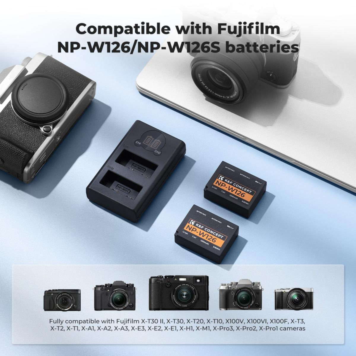 K&F Concept (2-Pack) NP-W126S NPW126 Battery and Dual Charger Kit for FUJIFILM XS10 XT30 XT20 XE4 X100V A5 Camera with Micro USB and Type C Port