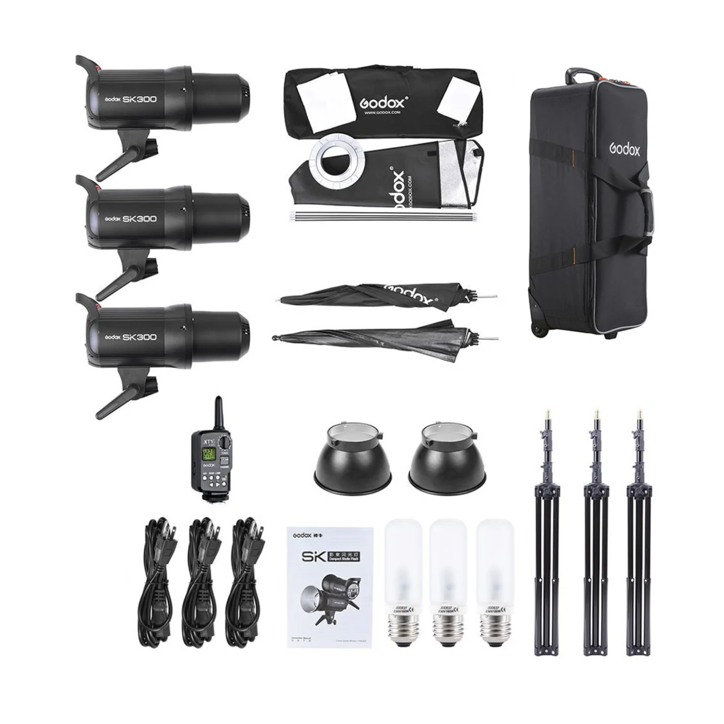 Godox SK300II-D Daylight 300W 3-Kit 2.4G Strobe Flash Kits with Bowens S Front Accessory Mount, 5600K CCT Range, Anti-Preflash Function
