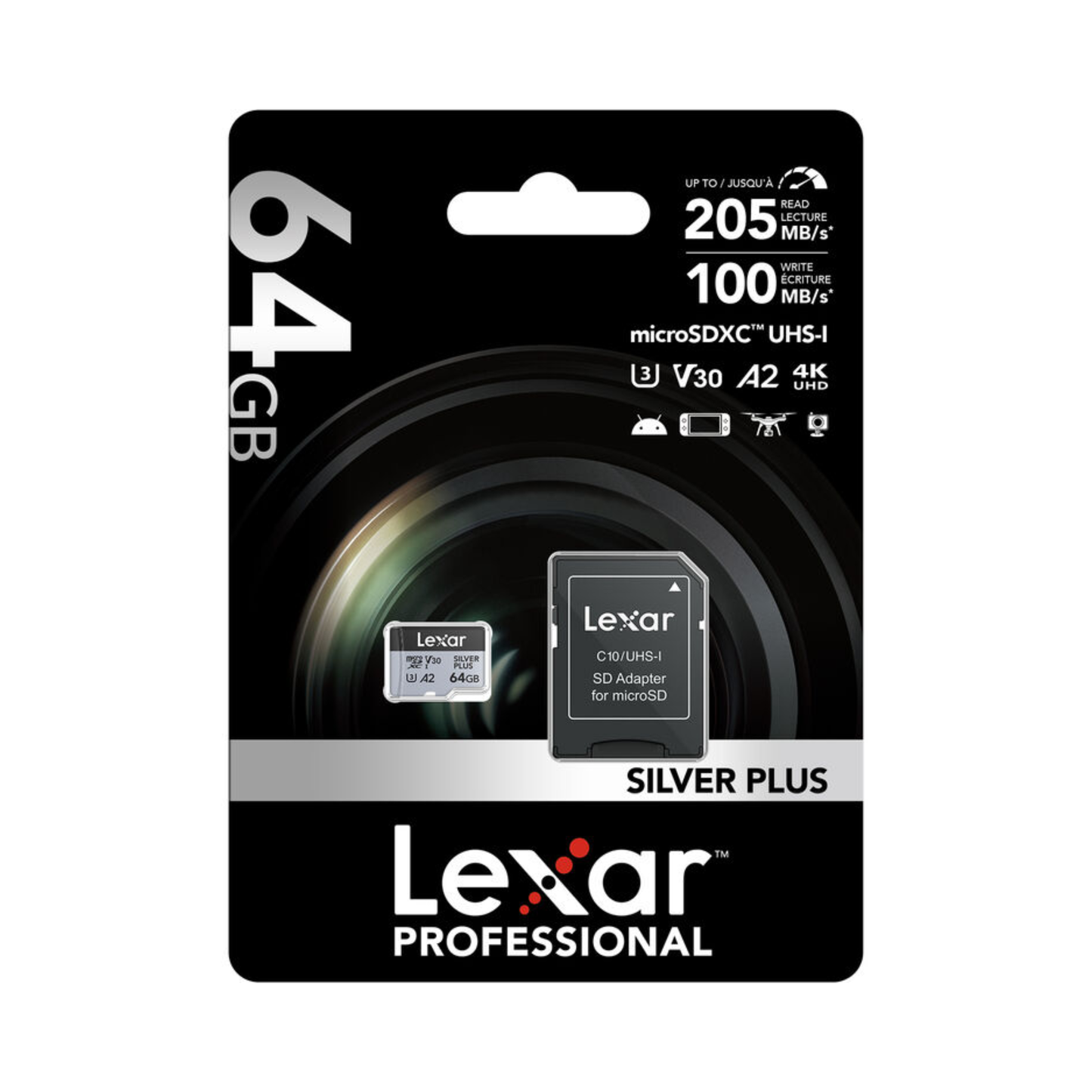 Lexar 64GB Professional SILVER PLUS UHS-I microSDXC Memory Card with SD Adapter
