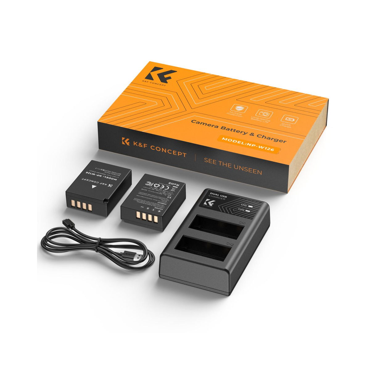 K&F Concept (2-Pack) NP-W126S NPW126 Battery and Dual Charger Kit for FUJIFILM XS10 XT30 XT20 XE4 X100V A5 Camera with Micro USB and Type C Port