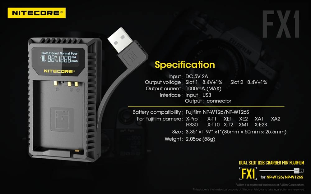 Nitecore FX1 Dual Slot USB Charger for Fujifilm NP-W126/s