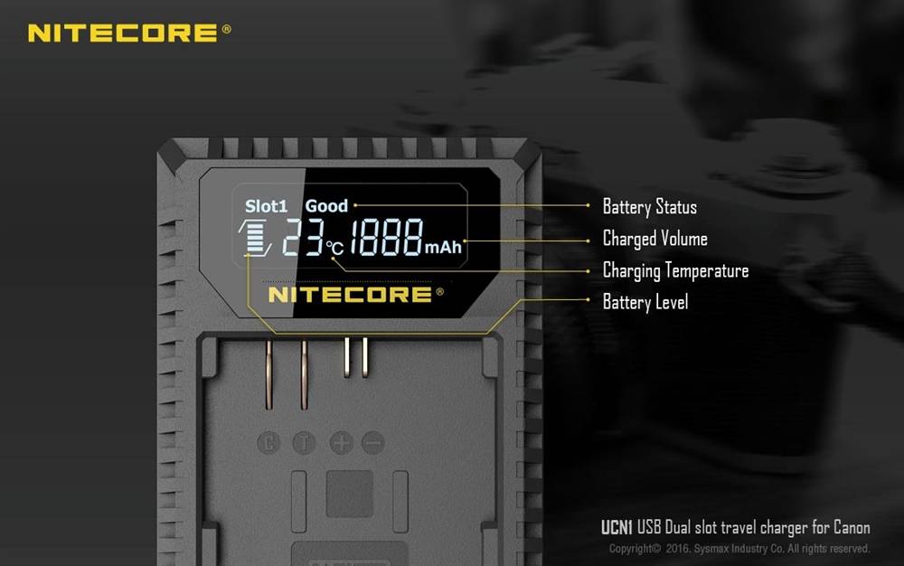 Nitecore UCN1 Dual Slot USB Charger for Canon LP-E6, LP-E8 Battery