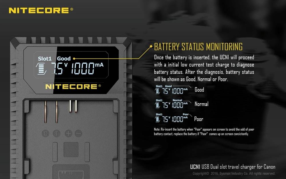 Nitecore UCN1 Dual Slot USB Charger for Canon LP-E6, LP-E8 Battery