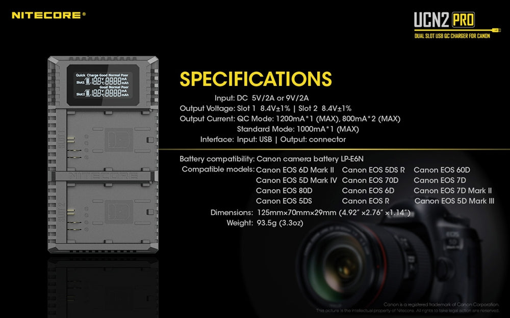 Nitecore UCN2 PRO Dual Slot USB Charger for Canon LP-E6N Battery