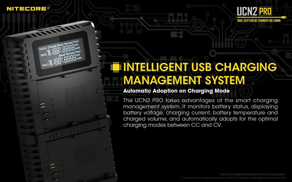 Nitecore UCN2 PRO Dual Slot USB Charger for Canon LP-E6N Battery