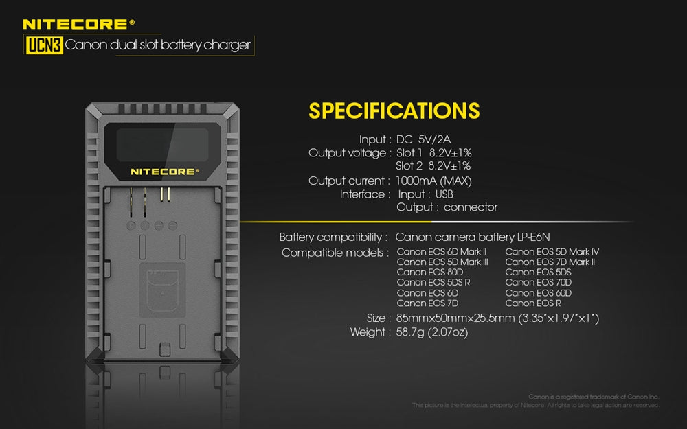 Nitecore UCN3 Dual Slot USB Charger for Canon LP-E6N Battery