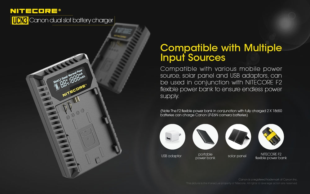 Nitecore UCN3 Dual Slot USB Charger for Canon LP-E6N Battery