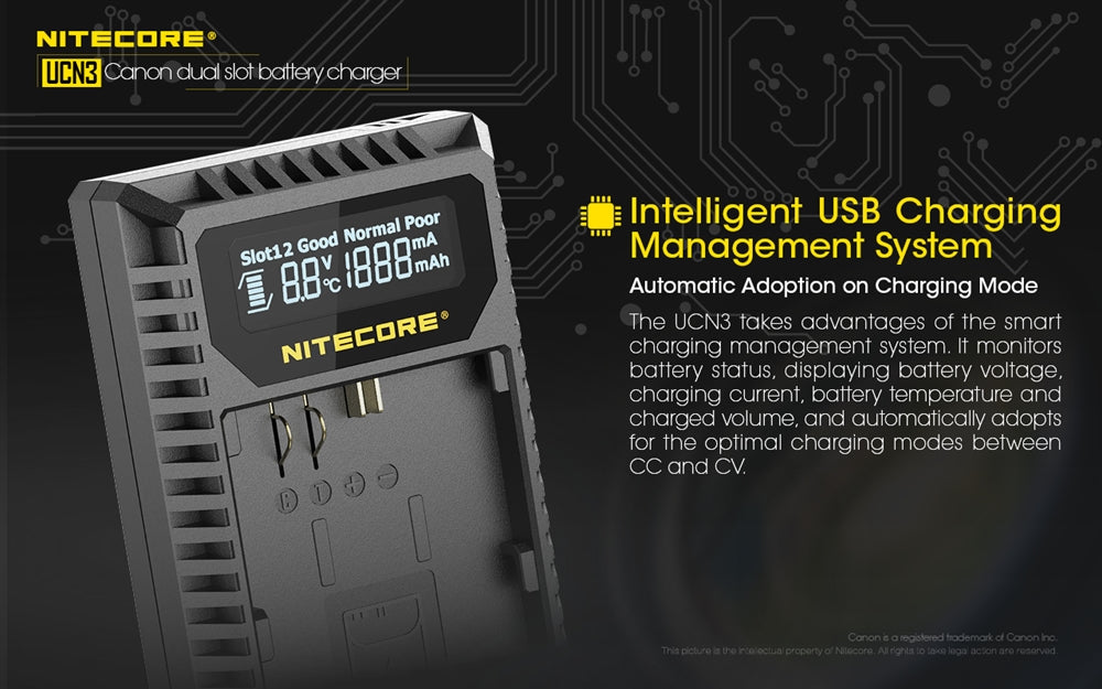 Nitecore UCN3 Dual Slot USB Charger for Canon LP-E6N Battery