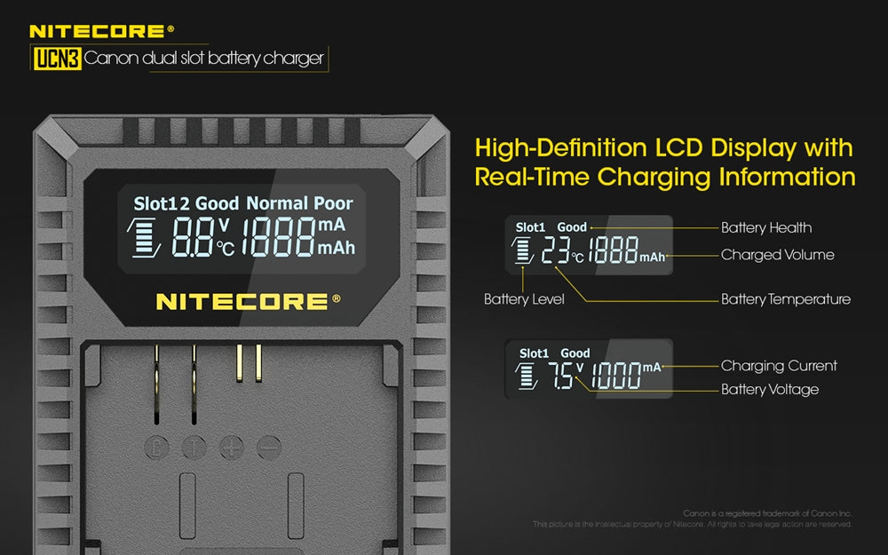 Nitecore UCN3 Dual Slot USB Charger for Canon LP-E6N Battery