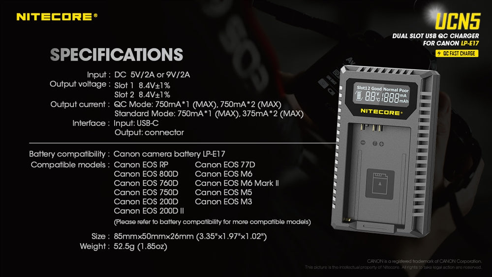 Nitecore UCN5 Dual Slot USB Charger for Canon LP-E17 Battery