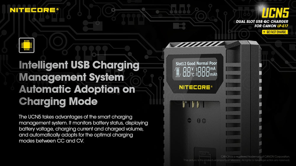 Nitecore UCN5 Dual Slot USB Charger for Canon LP-E17 Battery