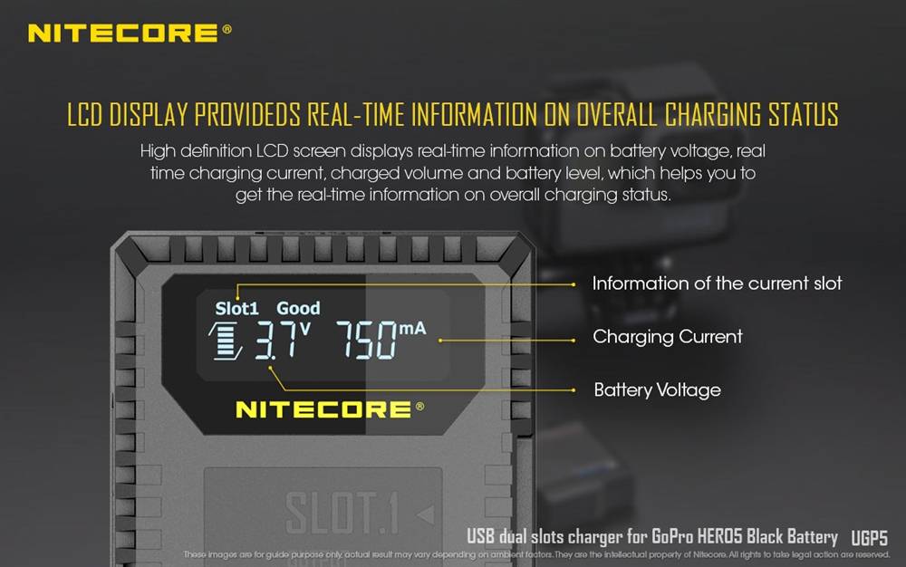 Nitecore UGP5 Dual Slot USB Charger for Gopro Hero5 Battery