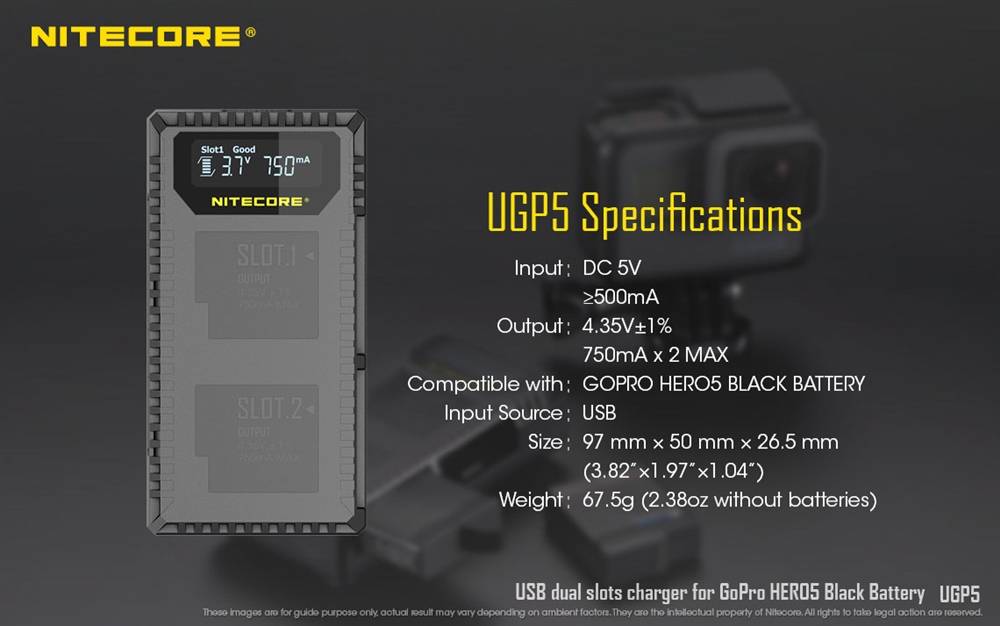 Nitecore UGP5 Dual Slot USB Charger for Gopro Hero5 Battery