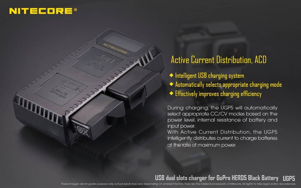 Nitecore UGP5 Dual Slot USB Charger for Gopro Hero5 Battery