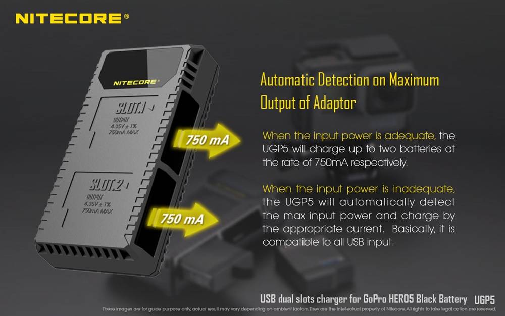 Nitecore UGP5 Dual Slot USB Charger for Gopro Hero5 Battery