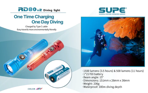 SUPE RD80v2 1500 Lumens Dive Torch Light (Black)