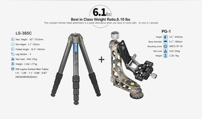 Leofoto LS-365C Ranger Series Carbon Fiber Tripod with PG-1 Gimbal Head Set